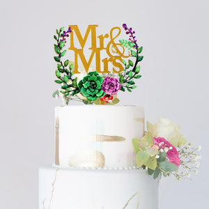 Acrylic 'Mr & Mrs' Floral Wreath Cake Topper - Gold Mirror