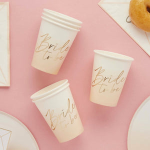 Gold ombre Bride to Be paper cups in a pack of 8, 250ml hen party tableware