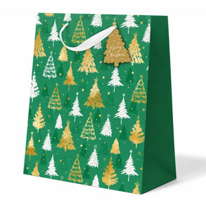 Green Christmas tree gift bag with white ribbon handles