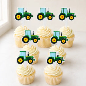 Green Yellow Tractor Paper Cupcake Toppers 7pk