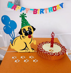 Handmade Happy Birthday Pug Dog Pop Up Card - Online Party Supplies