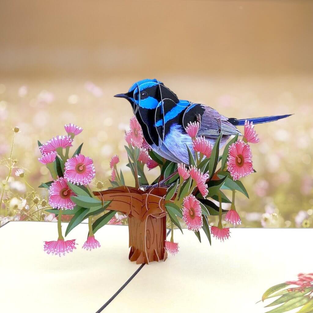 Handmade Australian Native Superb Blue Fairy Wren 3D Pop Up Greeting Card - Australian Native Bird Pop Up Cards - Cards for Bird Lovers