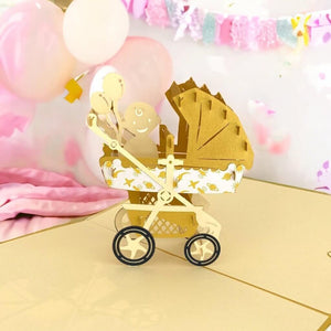 Handmade Baby In Gold Pram 3D Pop Up Baby Shower Card Invitation