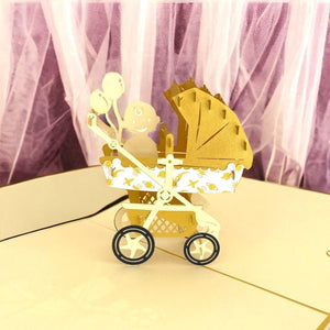 Handmade Baby In Gold Pram 3D Pop Up Baby Shower Card Invitation