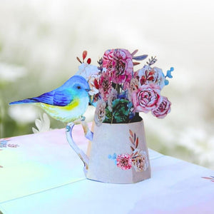 Blue Bird on Vintage Rose Watering Can Pop Card