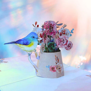Blue Bird on Vintage Rose Watering Can Pop Card