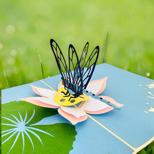 Handmade Blue Dragonfly Landing on Lotus Pop Up Card - Online Party Supplies