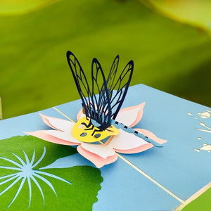 Handmade Blue Dragonfly Landing on Lotus Pop Up Card - Online Party Supplies