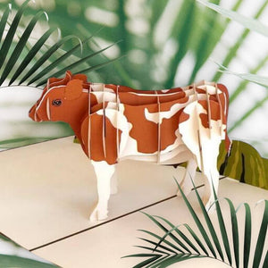 Handmade Online Party Supplies Brown and White Australian Cow 3D Animal Pop Up Birthday Card
