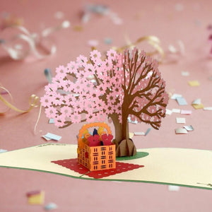 Handmade Cherry Blossom Tree with a Picnic Basket Pop Up Greeting Card