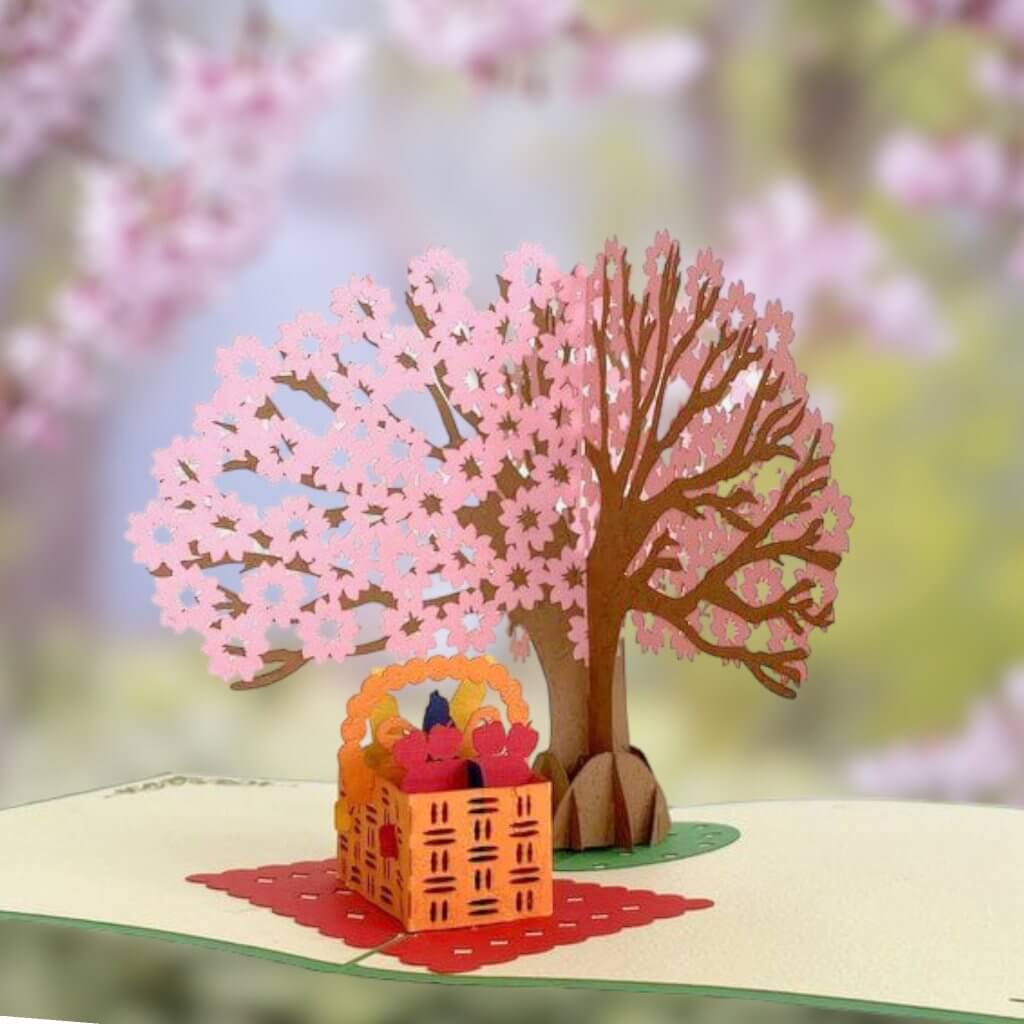 Handmade Cherry Blossom Tree with a Picnic Basket Pop Up Greeting Card
