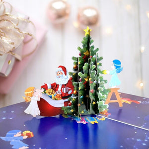 Handmade Santa & Baby Angels Decorating Xmas Tree Pop Up Christmas Card