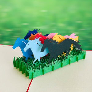 Handmade Colourful Free Roaming Wild Horses 3D Pop Up Greeting Card - Online Party Supplies
