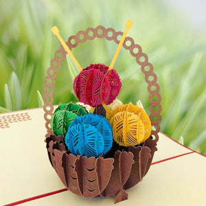 Handmade Colourful Knitting Yarn Basket Pop Up Greeting Card - Online Party Supplies