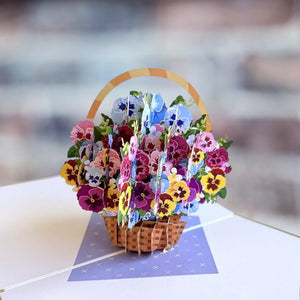 Luxury Gold Embossing Pansies Flower Basket Origami Pop Up Greeting Card