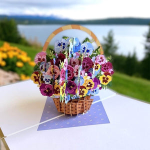Luxury Gold Embossing Pansies Flower Basket Origami Pop Up Greeting Card
