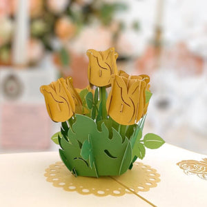 Handmade Golden Rose Bouquet 3D Pop Up Greeting Card - Mother's Day, Valentine's Day Pop Up Cards - Wedding Invitations