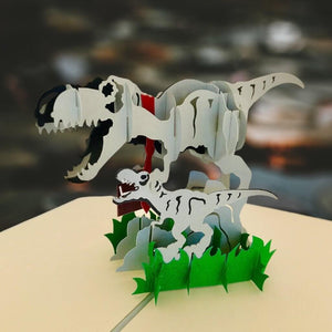 Handmade Grey Daddy and Baby Dinosaurs Pop Up Card - Online Party Supplies