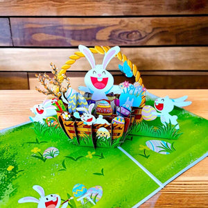 Happy Easter Rabbit Family in Basket Pop Up Card
