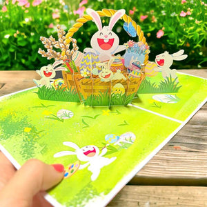 Happy Easter Rabbit Family in Basket Pop Up Card