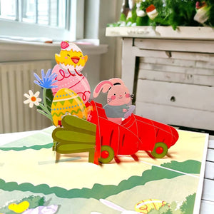 Happy Easter Rabbit in Carrot Car Pop Up Card