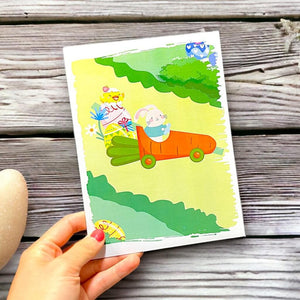 Happy Easter Rabbit in Carrot Car Pop Up Card