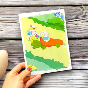 Happy Easter Rabbit in Carrot Car Pop Up Card
