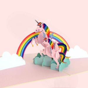 Pink Unicorn Mum and Baby Jumping Over Rainbow Pop Up Card