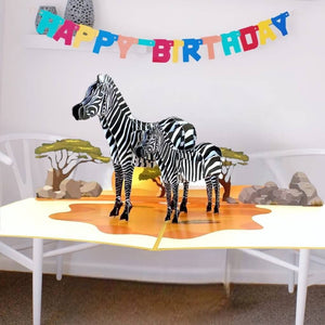 Handmade Mother and Baby Zebra in Safari 3D Pop Up Greeting Card - Safari Animal Themed Party Invitations
