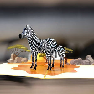 Handmade Mother and Baby Zebra in Safari 3D Pop Up Greeting Card - Safari Animal Themed Party Invitations