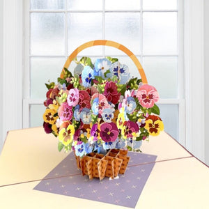 Gorgeous Pansies Flower Basket Origami Pop Up Greeting Card