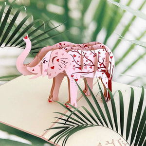 Pink Elephant with Red Heart Tree 3D Pop Up Greeting Card