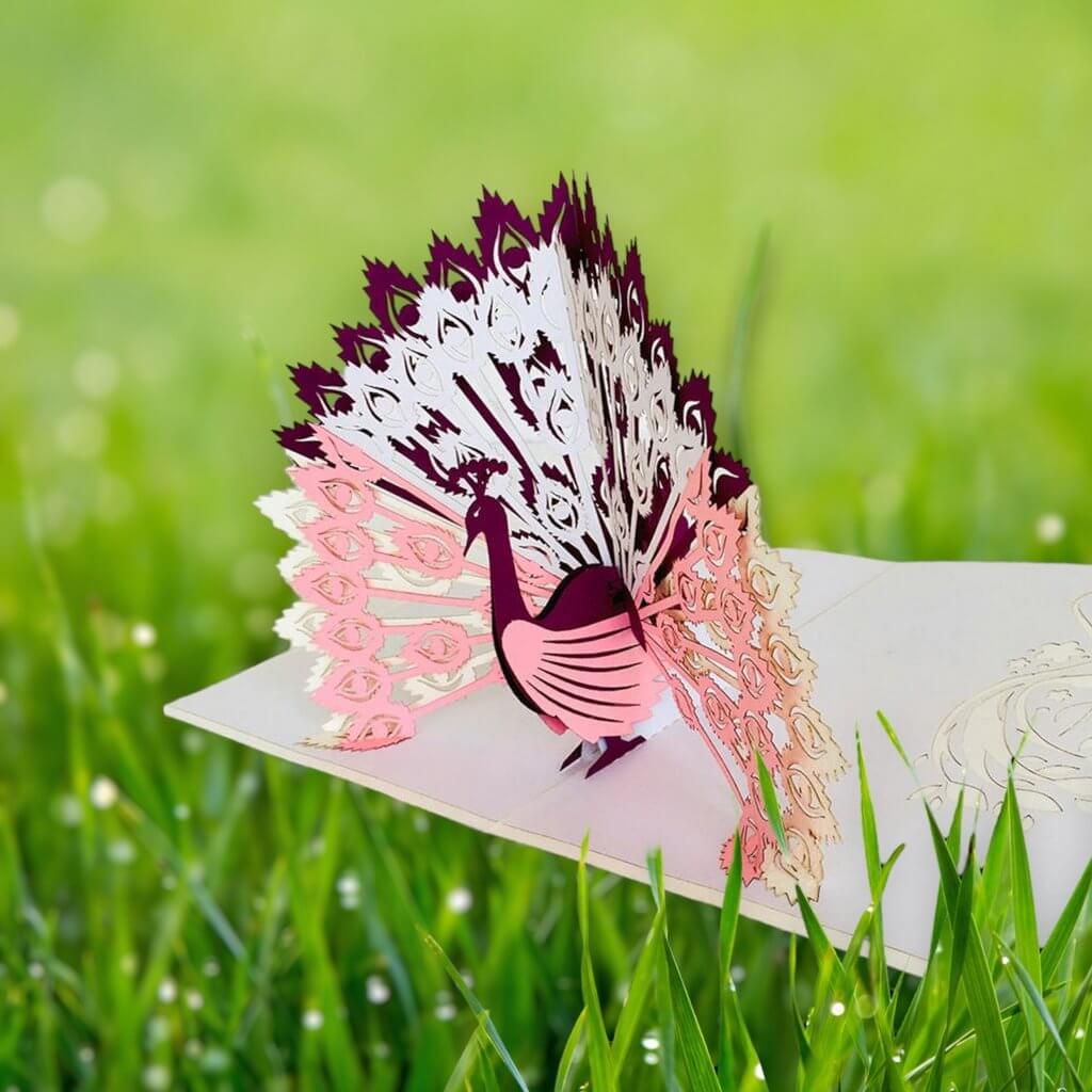Handmade Pink Peacock Pop Up Greeting Card - Online Party Supplies