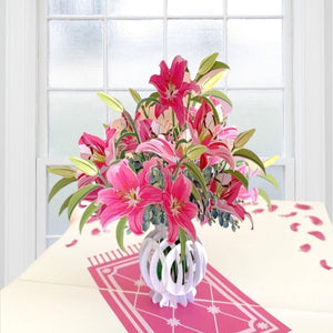 Handmade Red Pink Lily Bouquet in Vase 3D Pop Up Card