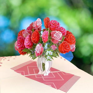Red & Pink Rose Bouquet in White Vase 3D Pop Up Card