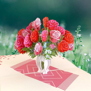 Red & Pink Rose Bouquet in White Vase 3D Pop Up Card