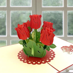 Handmade Red Rose Bouquet 3D Pop Up Greeting Card - Mother's Day, Valentine's Day Pop Up Cards - Wedding Invitations