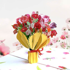 Handmade Red & Pink Romantic Sweetheart Rose Bouquet 3D Valentine's Day Pop Up Greeting Card