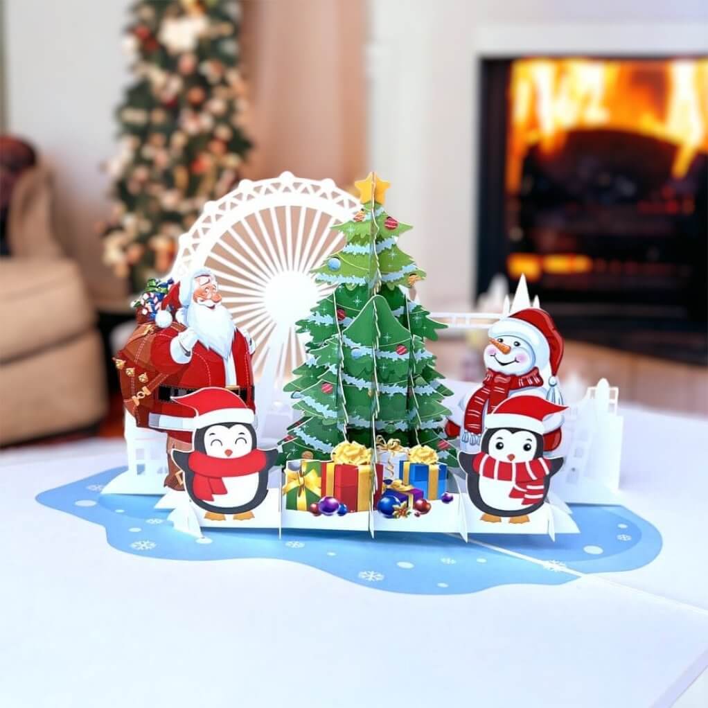 Santa Snowman & Penguin Around Christmas Tree 3D Pop Up Card
