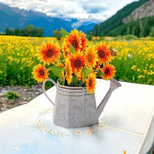 Sunflowers & Bees in Vintaged Silver Watering Can Pop Card