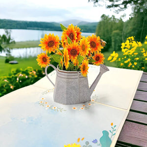 Sunflowers & Bees in Vintaged Silver Watering Can Pop Card
