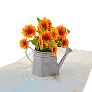Sunflowers & Bees in Vintaged Silver Watering Can Pop Card