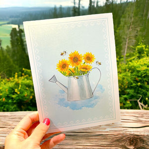 Sunflowers & Bees in Vintaged Silver Watering Can Pop Card