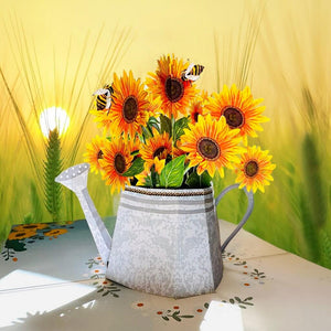 Sunflower Bouquet in Antiqued Silver Watering Can Pop Card