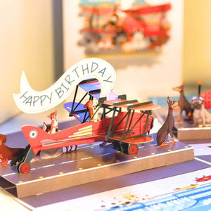 Happy Birthday Antique Aircraft & Dogs 3D Pop Up Greeting Card