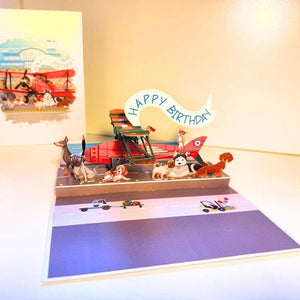 Happy Birthday Antique Aircraft & Dogs Pop Card