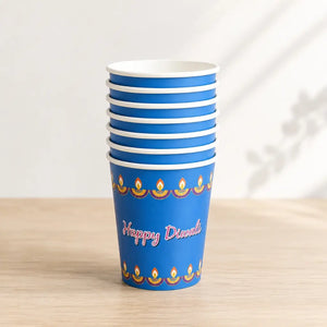 Happy Diwali Blue Paper Cups 266ml 8pk