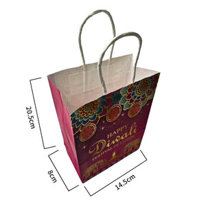 Decorative paper gift bag with 'Happy Diwali' text and measurements on a white background