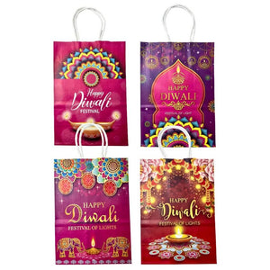 Four Diwali-themed gift bags with colorful designs and text on a white background.