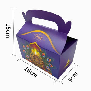 Purple gift box with 'Happy Diwali' design and measurements on a white background